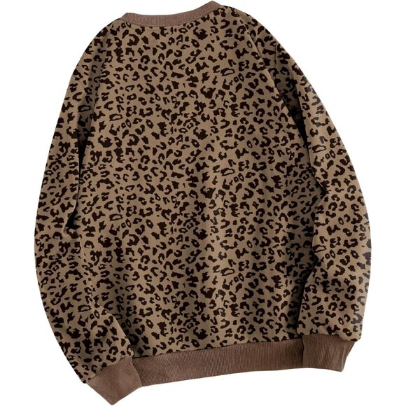 ⚡Women Brown Leopard Imported Graphic Crewneck Long Sleeve Pullover Sweatshirt - Picture 2 of 5